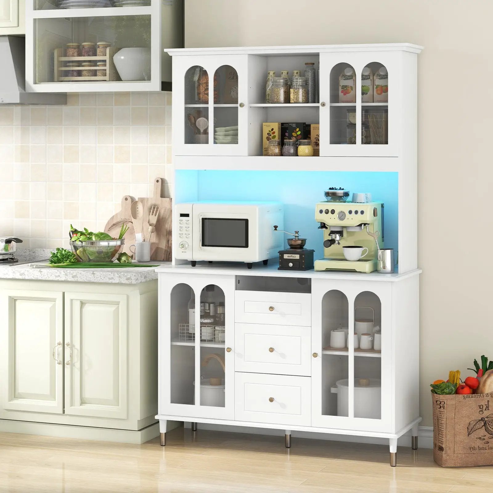 73 Inch Kitchen Pantry Storage Cabinet Freestanding Buffet Cabinet with LED Lights-White by DirectDeals