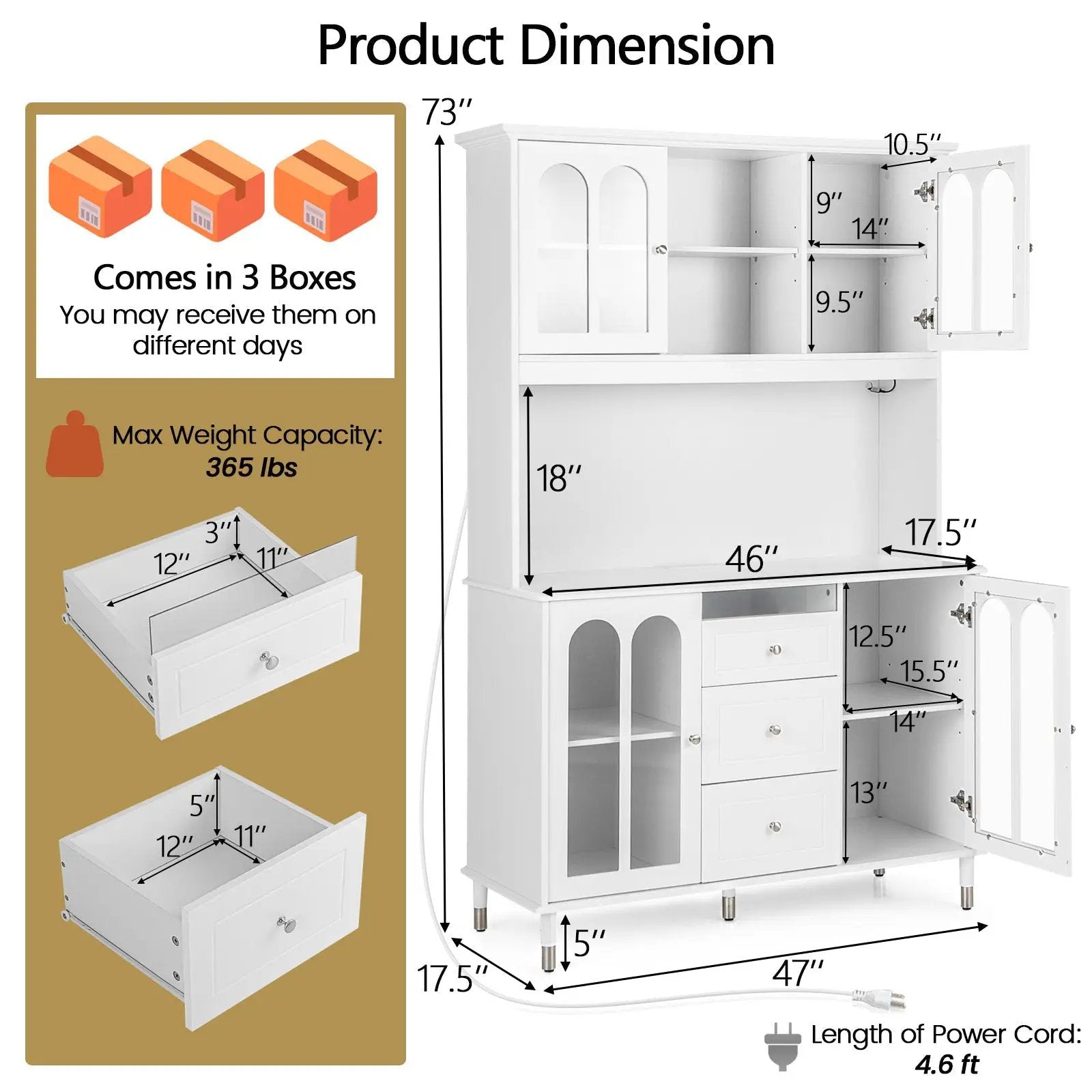 73 Inch Kitchen Pantry Storage Cabinet Freestanding Buffet Cabinet with LED Lights-White by DirectDeals