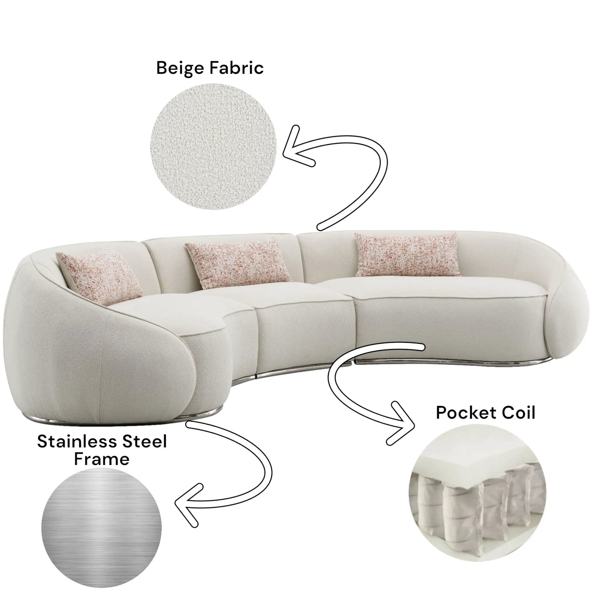 Sahara - Boucle Sectional Sofa With 3 Pillows - Beige by Unique Piece Furniture