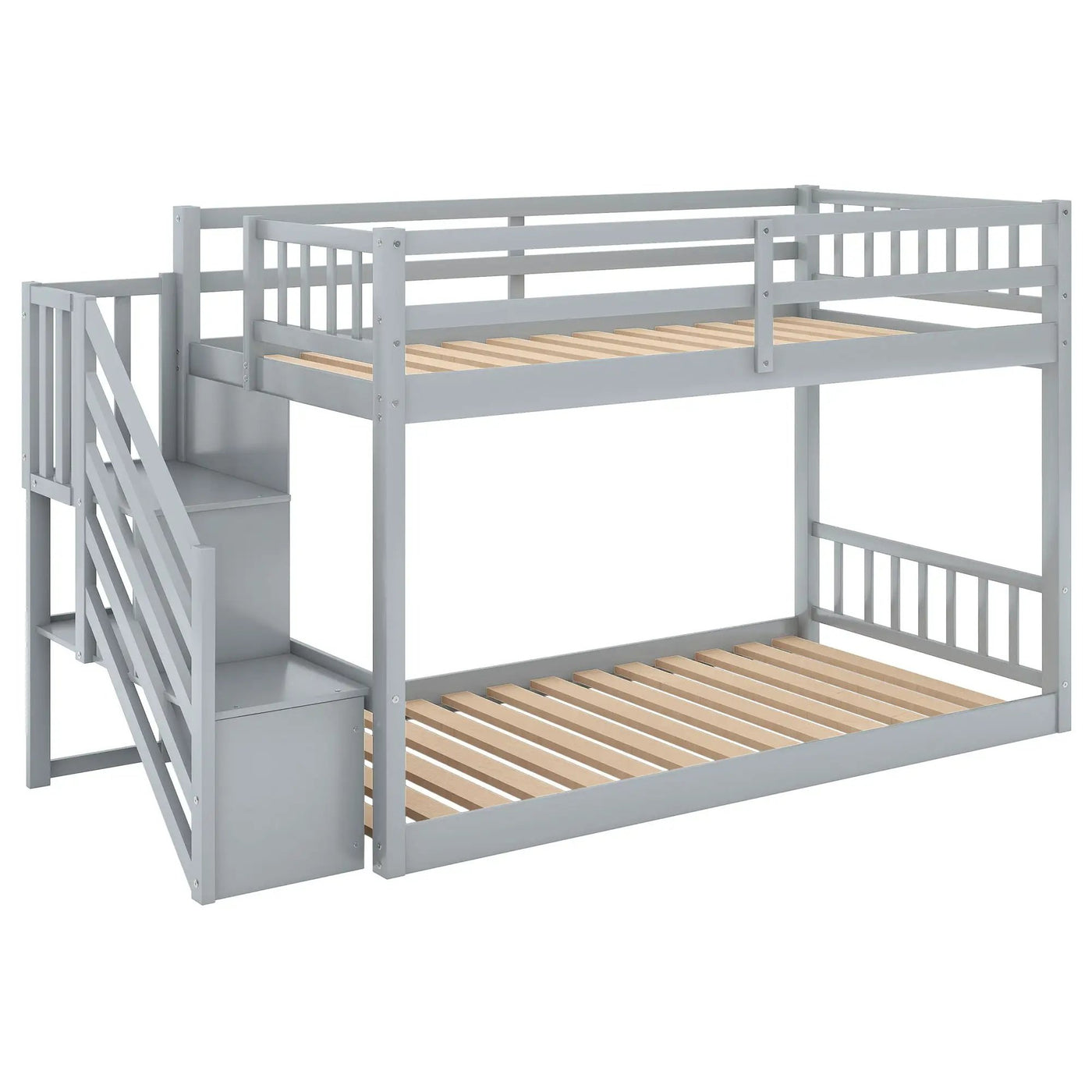 Twin Over Twin Floor Bunk Bed, Ladder With Storage by HouseOfZazla