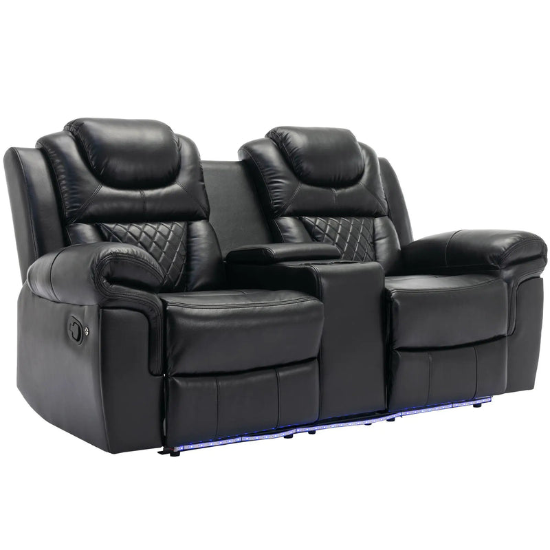 Home Theater Seating Manual Recliner Loveseat With Hide-Away Storage, Cup Holders And Led Light Strip For Living Room by HouseOfZazla