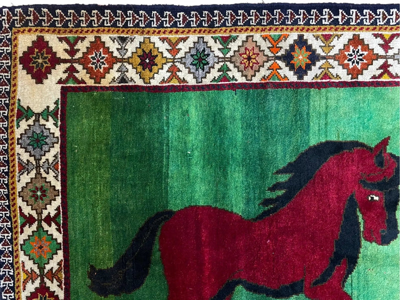 4 X 7 Handmade Rug Zagros Quality Wool Pictorial Horses Green Butterfly Colorful by Jewel Rugs