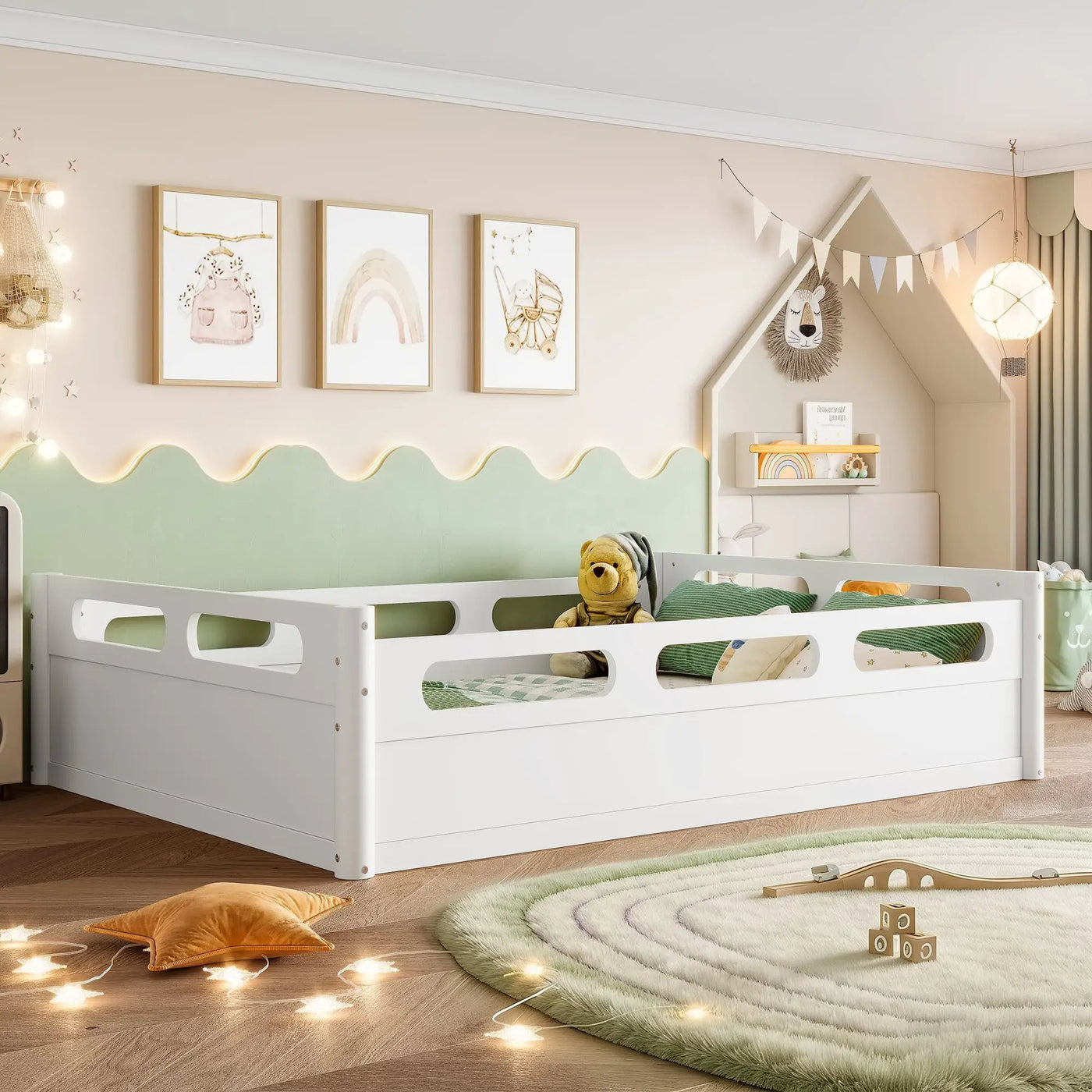 Full Size Floor Platform Bed with Full-length Guardrails by HouseOfZazla