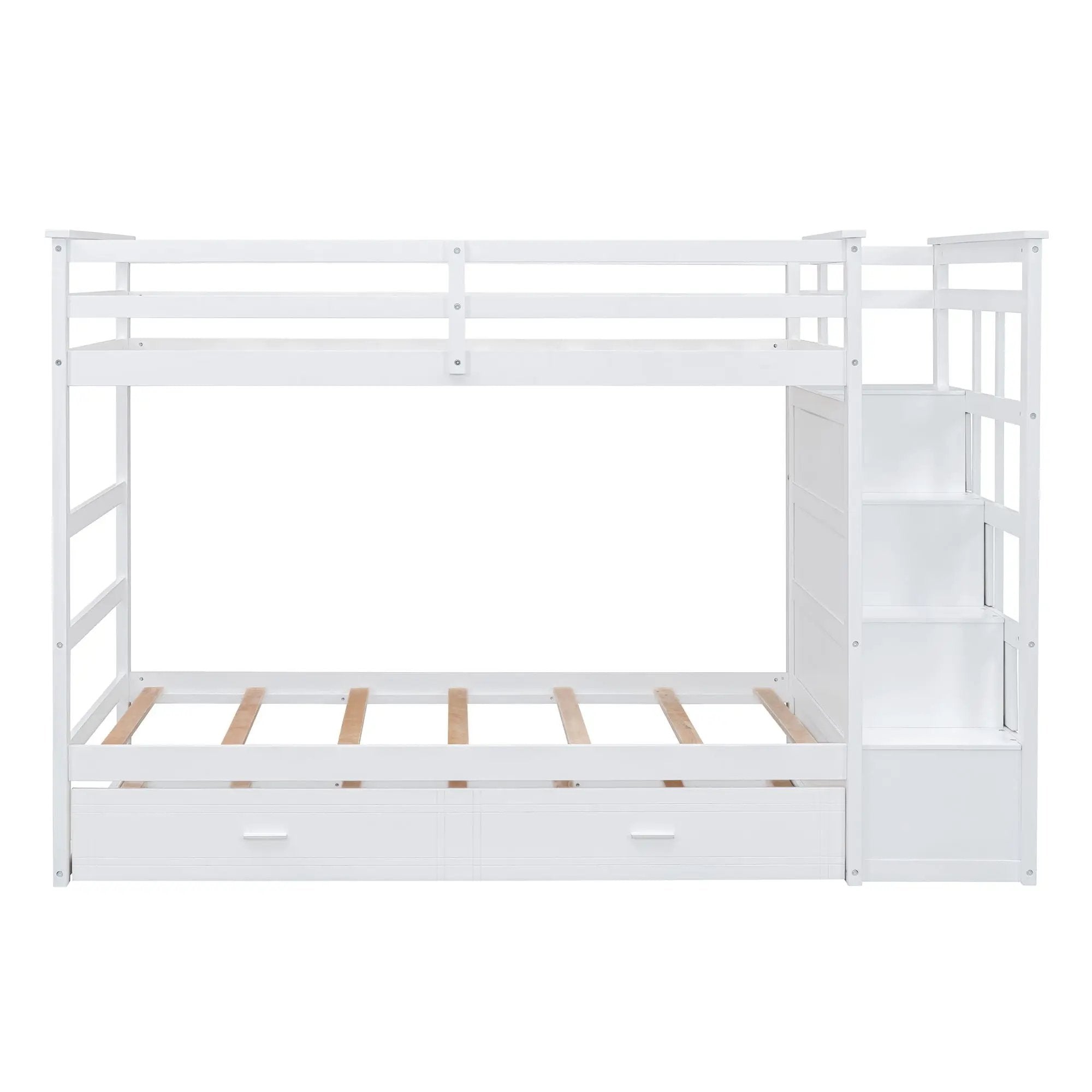 Twin Over Twin Bunk Bed With Trundle And Staircase - White by HouseOfZazla