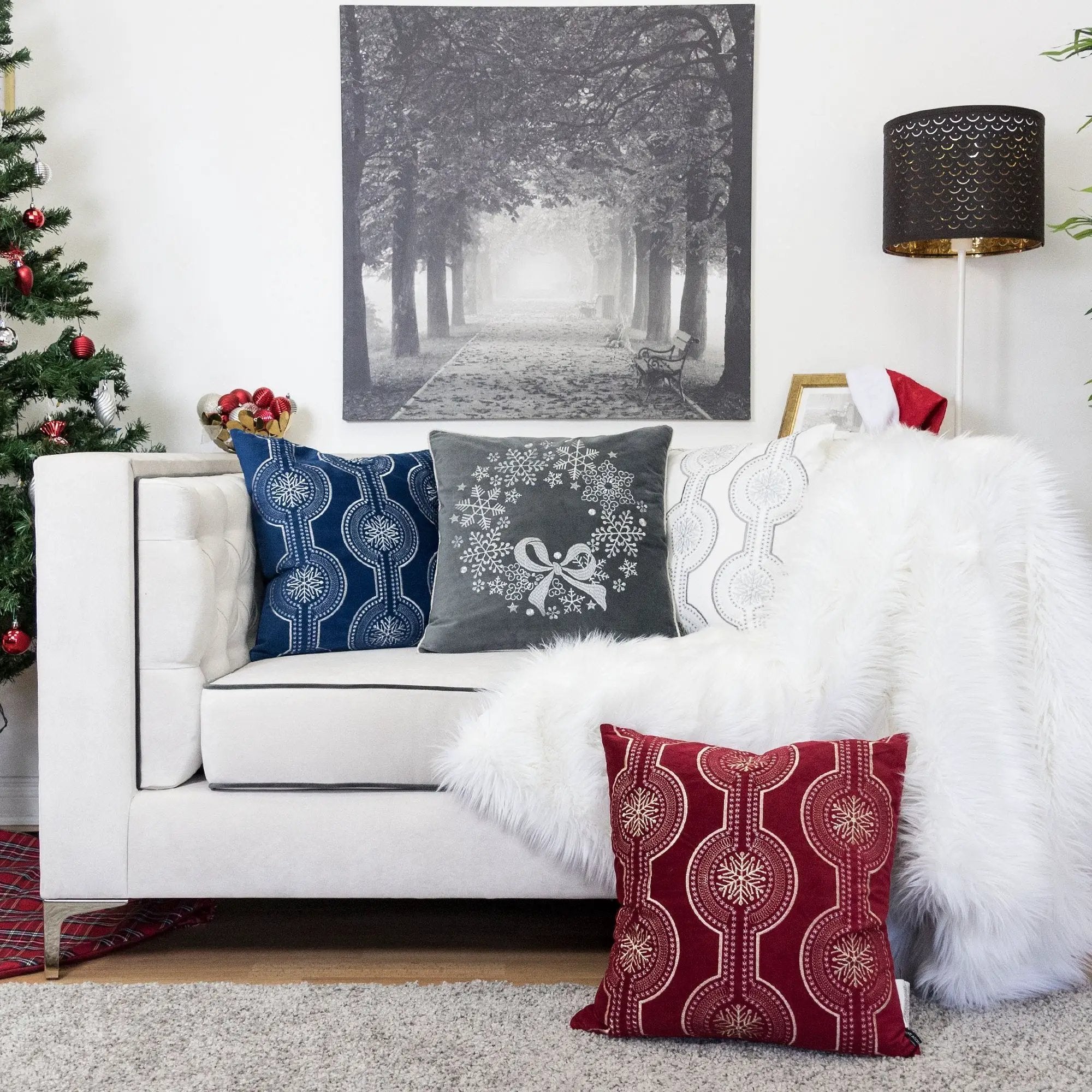 Gray Velvet Holiday Throw Pillow with Snowflake Wreath Embroidery by HouseOfZazla