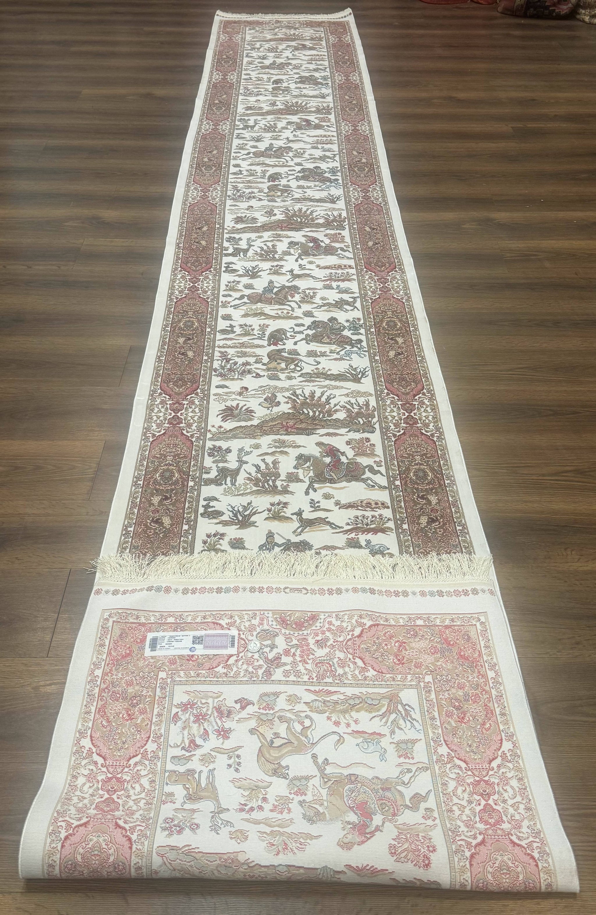Long Turkish Silk Runner Rug 2.6 x 16.5, Hunting Design, Ivory, Bamboo Silk, New by Jewel Rugs