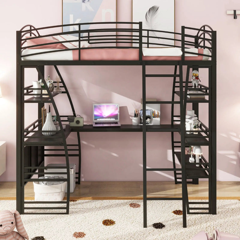 Loft Bed With 4 Layers Of Shelves And L-Shaped Desk, Stylish Metal Frame Bed With A Set Of Sockets, USB Ports And And Wireless Charging by Unique Piece Furniture