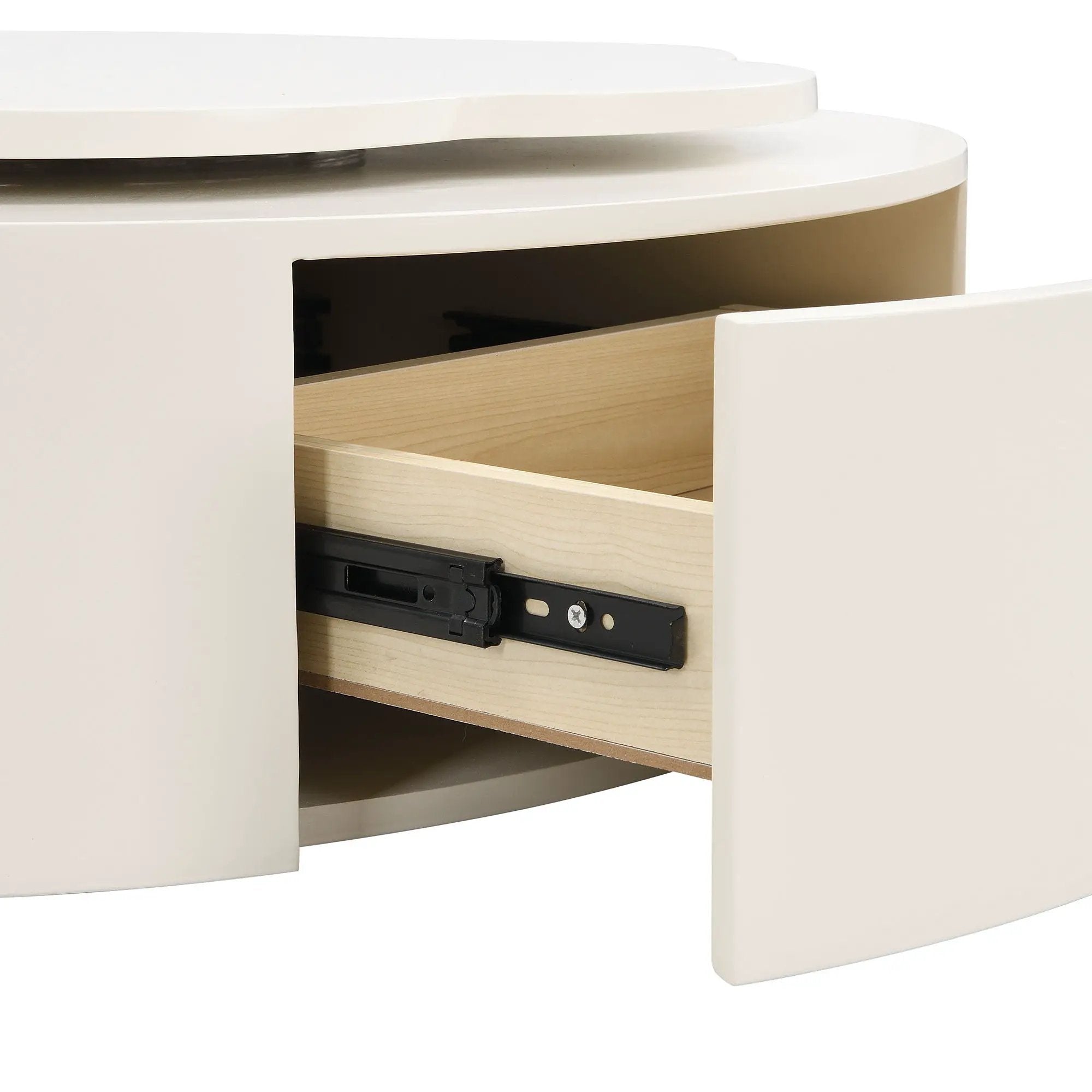 Modern Round Coffee Table (Set of 2), 360 Degree Rotatable Flower Shaped Top With 2 Drawers, Top Circle Side Table End Table With Glass For Living Room - Off White by HouseOfZazla
