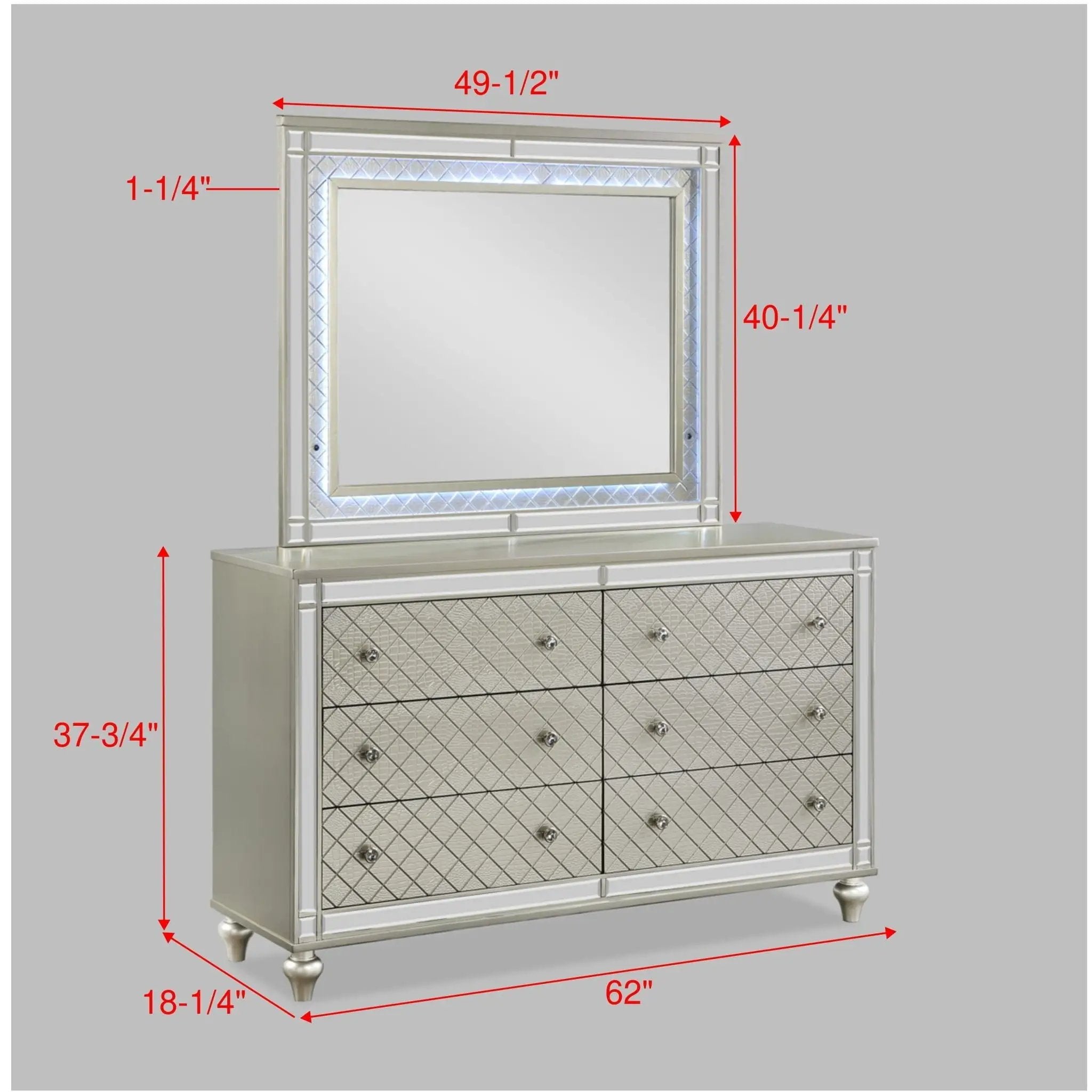 6 Drawer Bedroom Dresser With Diamond Patterned Drawer Fronts - Silver by Unique Piece Furniture