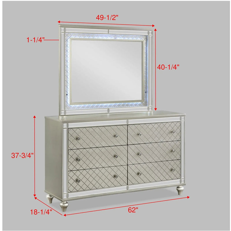 6 Drawer Bedroom Dresser With Diamond Patterned Drawer Fronts - Silver by Unique Piece Furniture