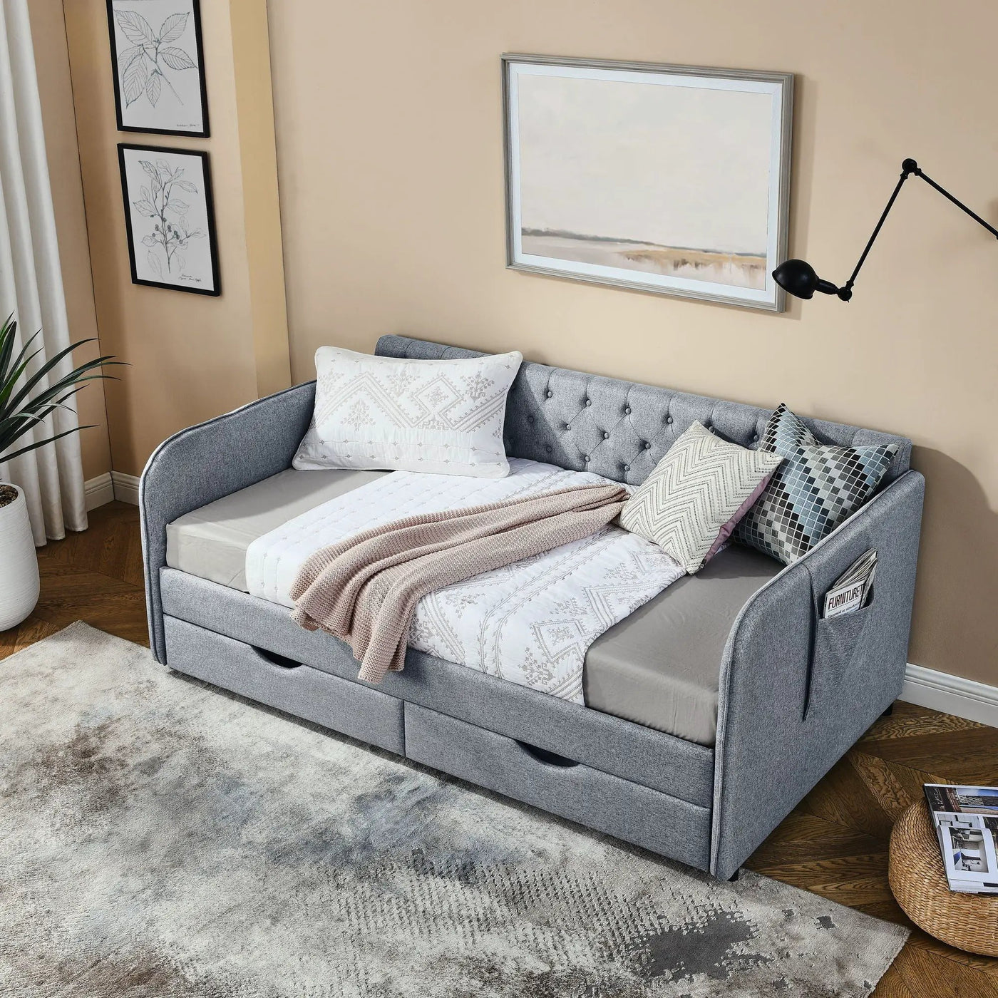 Daybed With Trundle And Storage Drawers, Flat Arms With Pocket by Unique Piece Furniture