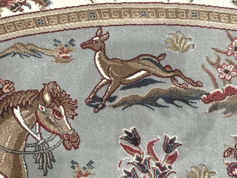 Round Silk Rug 6x6, Hunting Design, Bamboo Silk, Animal Pictorials by Jewel Rugs