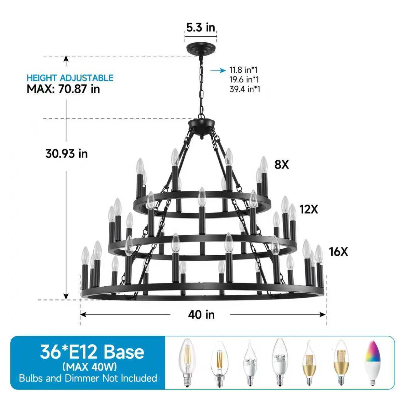 39.37 Inch 3-Tiers Wagon Wheel Chandelier by HouseOfZazla