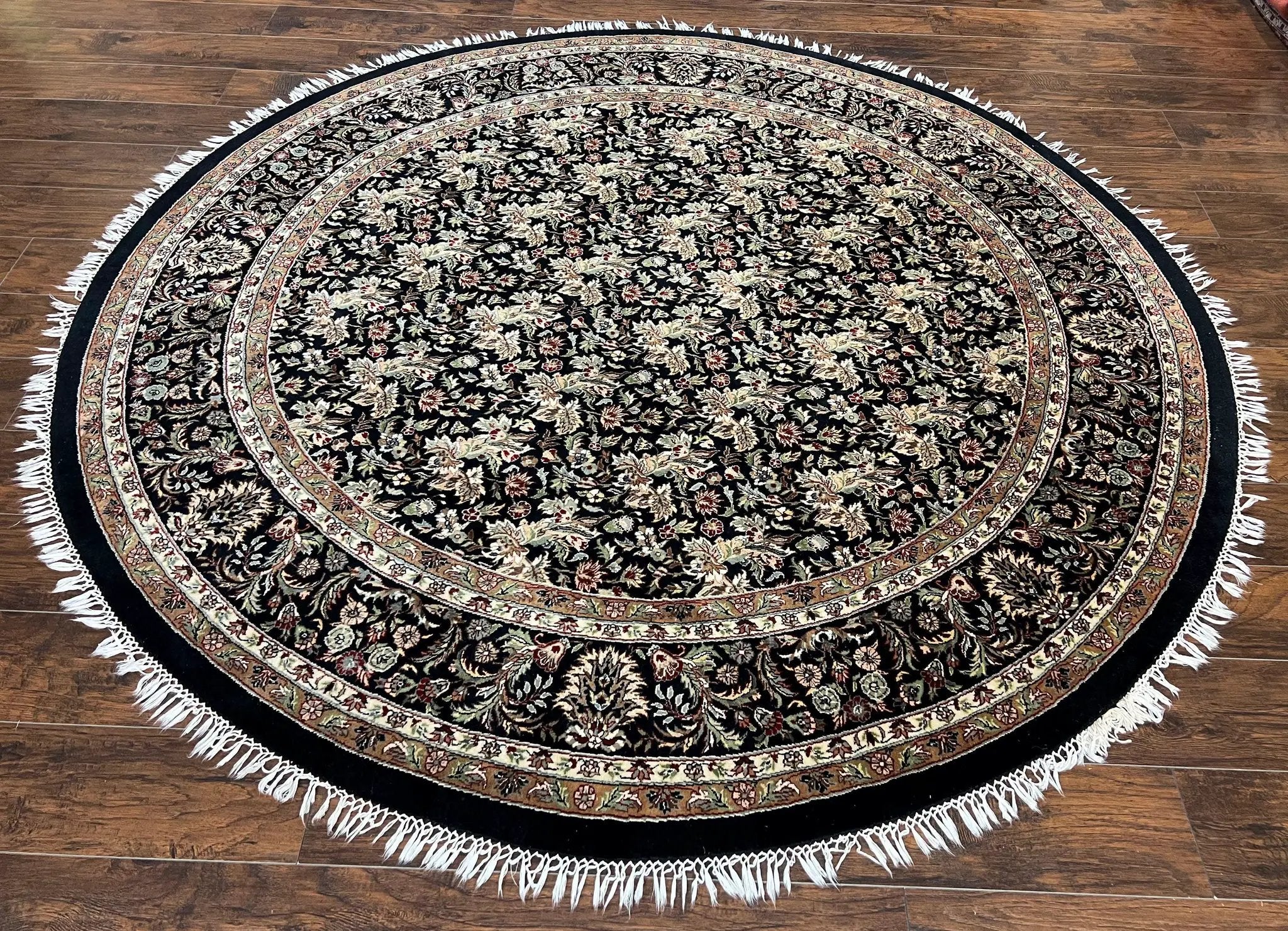 Round Oriental Rug 8x8 ft, William Morris Floral Pattern Carpet, 8 x 8 ft Round Rug, Black Cream and Tan 8ft Round Handmade Indo Persian Rug by Jewel Rugs