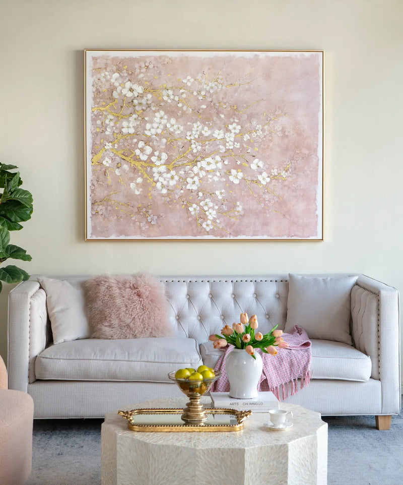 59.1x47.2 Hand-Painted Cherry Blossom Canvas Art with Blush Pink and White Finish by HouseOfZazla