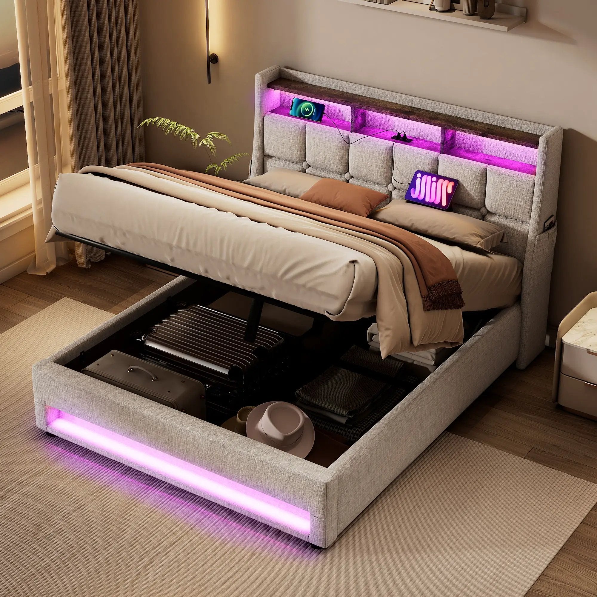 Upholstered Platform Bed With A Hydraulic Storage System, LED And USB Charging (Without Mattress) by HouseOfZazla
