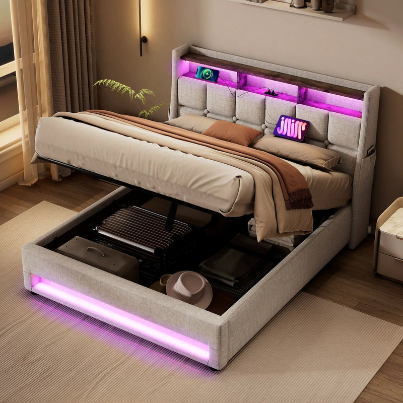 Platform Bed With Hydraulic Storage, LED Lighting & Charging Station by HouseOfZazla