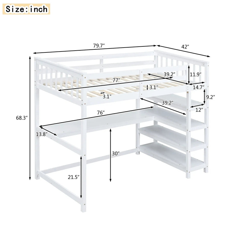 Loft Bed With Storage Shelves And Under Bed Desk