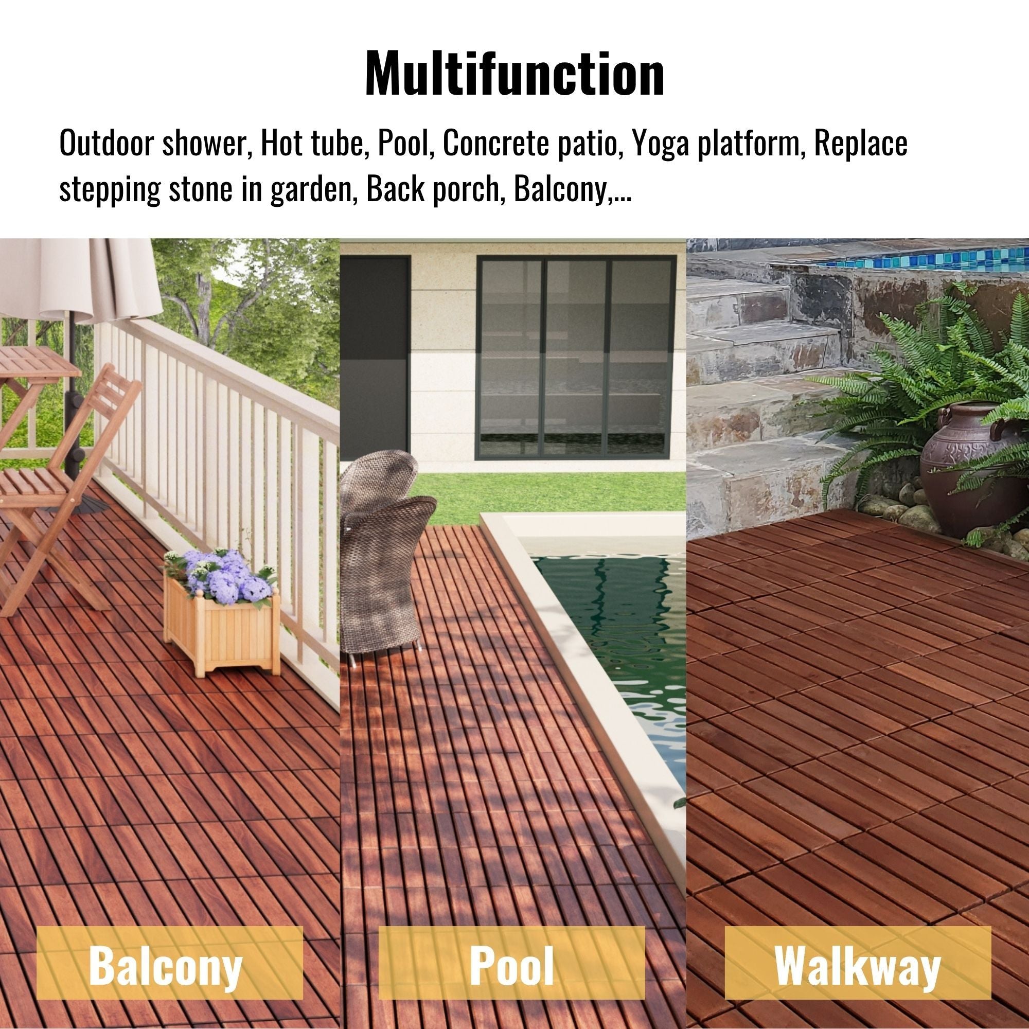 Interlocking Deck Tiles Striped Pattern, Square Acacia Hardwood Outdoor Flooring For Patio, Bancony, Pool Side by HouseOfZazla