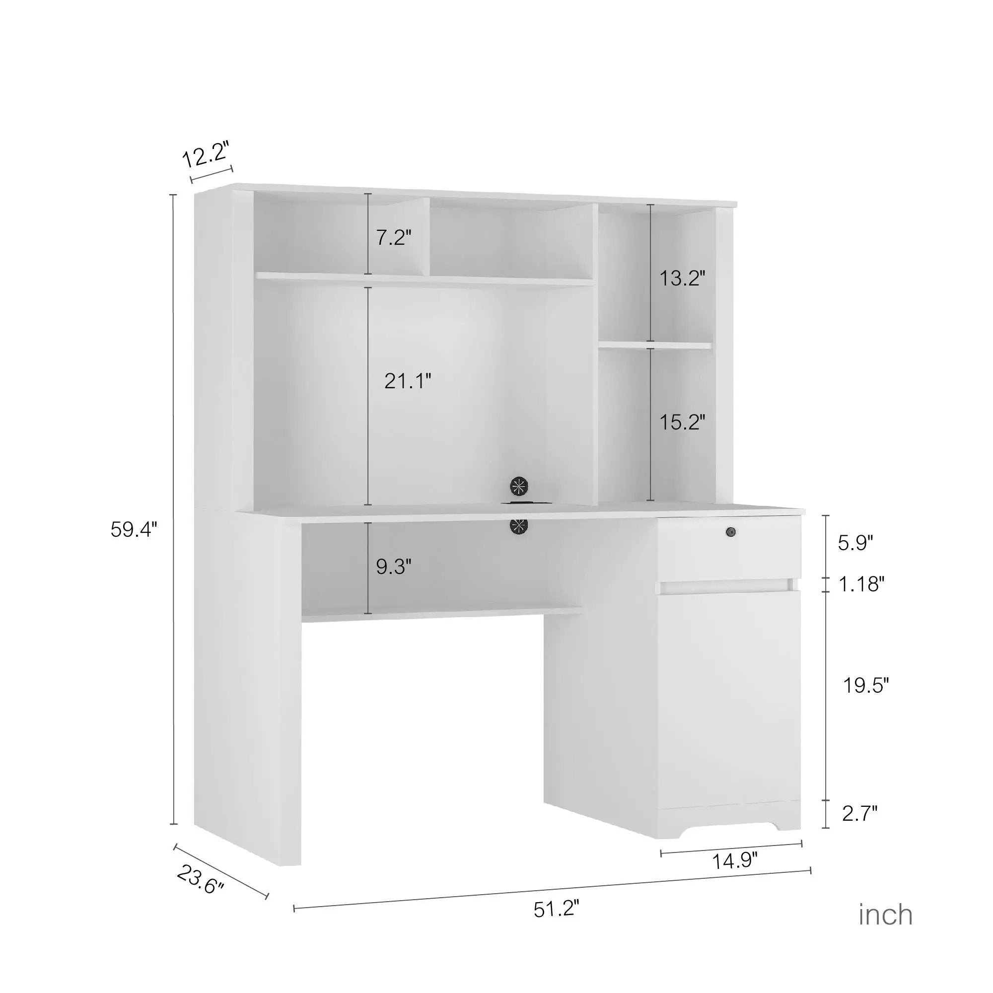Computer Desk With Hutch & Bookshelf, Wood Executive Desk Teens Student Desk Writing Laptop Home Office Desk With Drawers, 3 Ac Outlets And 2 USB Charging Ports, Study Laptop Table For Home - White by HouseOfZazla