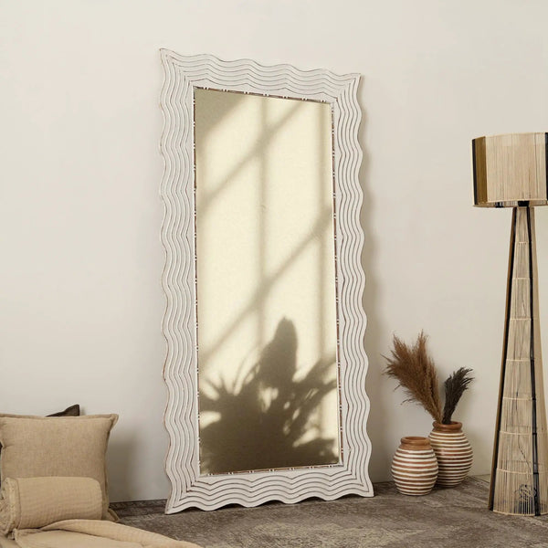 Handcarved Wave Design Rectangle Mirror Accent Enhancing Space - Antique White