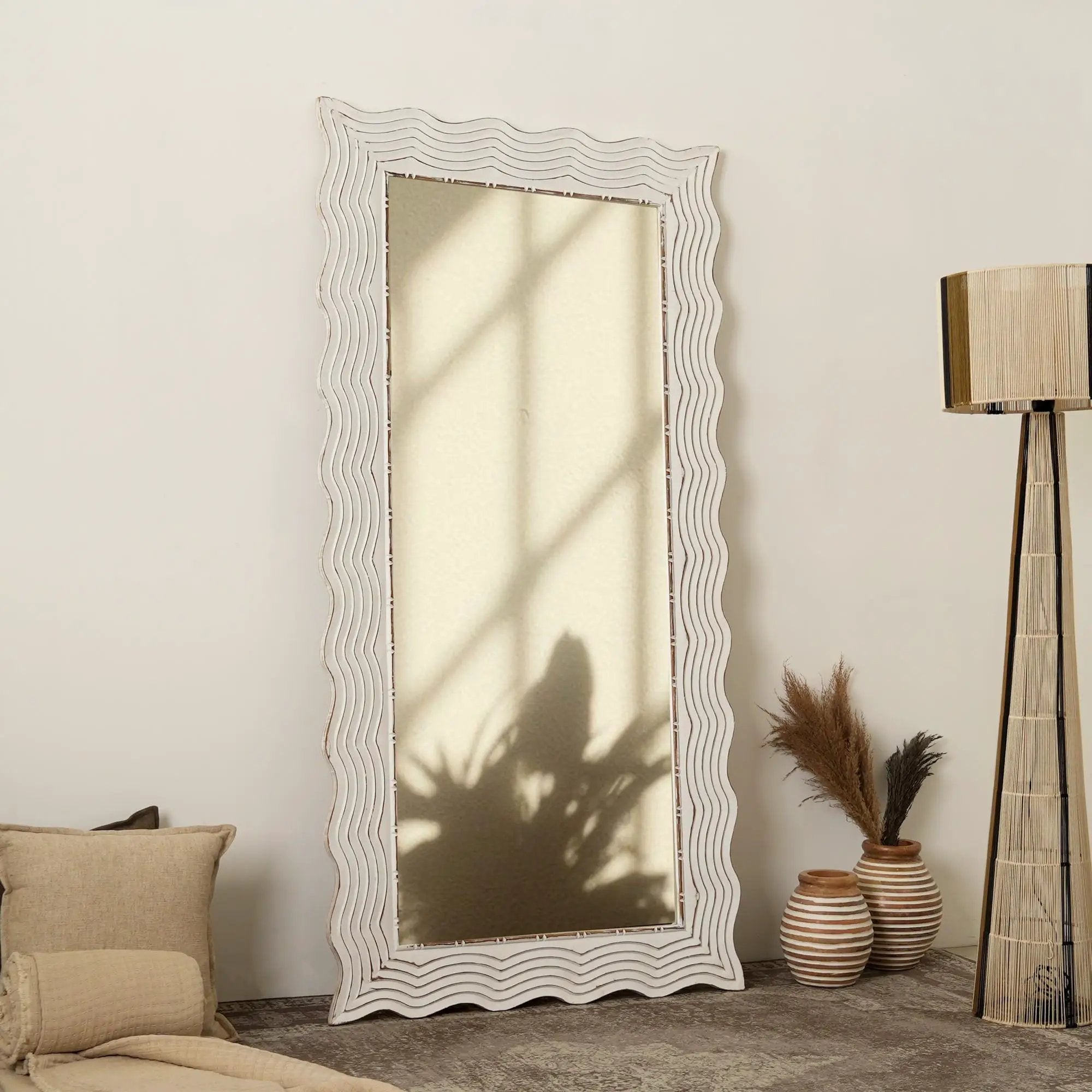 Handcarved Wave Design Rectangle Mirror Accent Enhancing Space - Antique White by HouseOfZazla