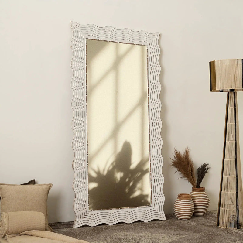 Handcarved Wave Design Rectangle Mirror Accent Enhancing Space - Antique White by HouseOfZazla