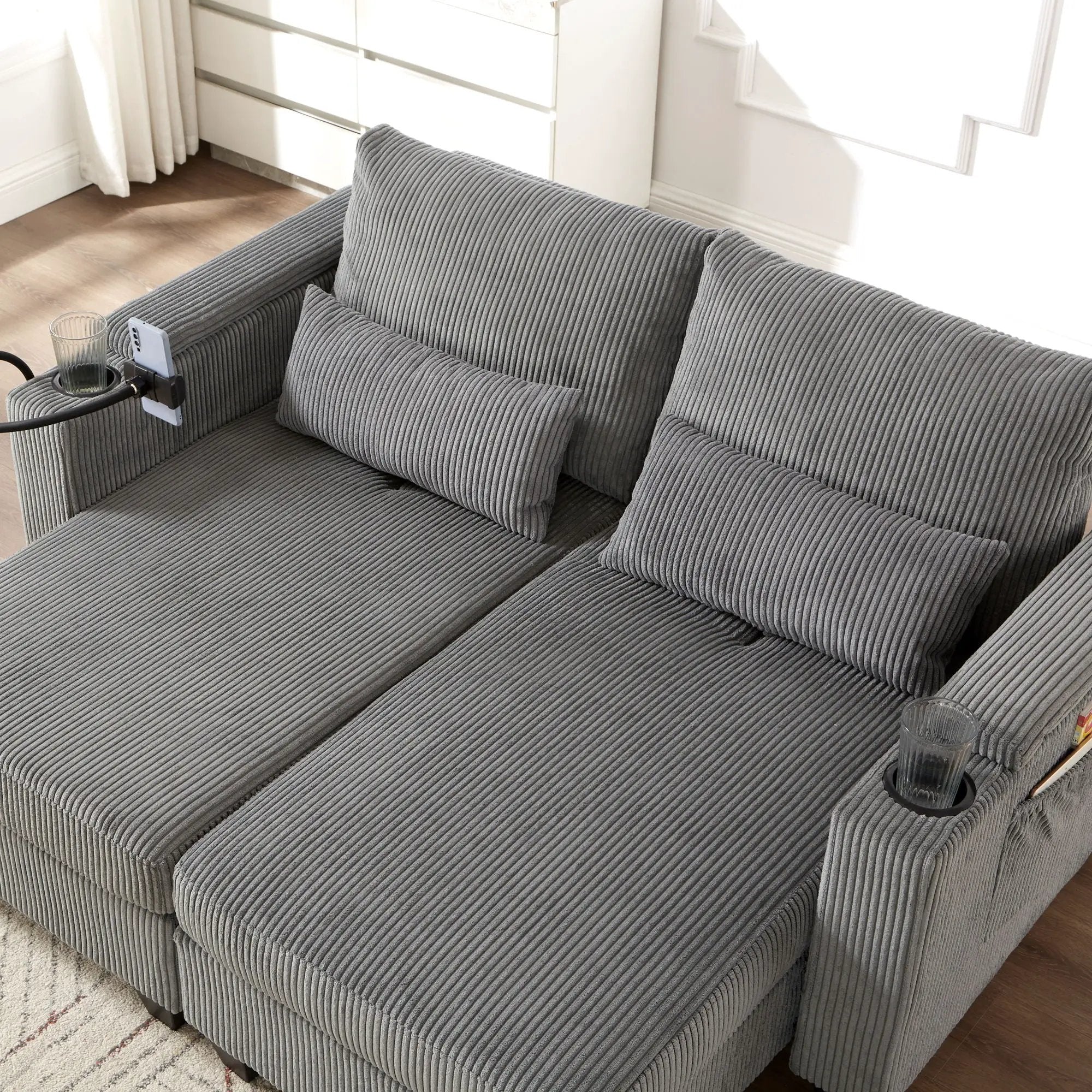 Convertible Chaise Lounge Sofa Chair With USB Ports, Cup Holders, Phone Holder And Storage by HouseOfZazla