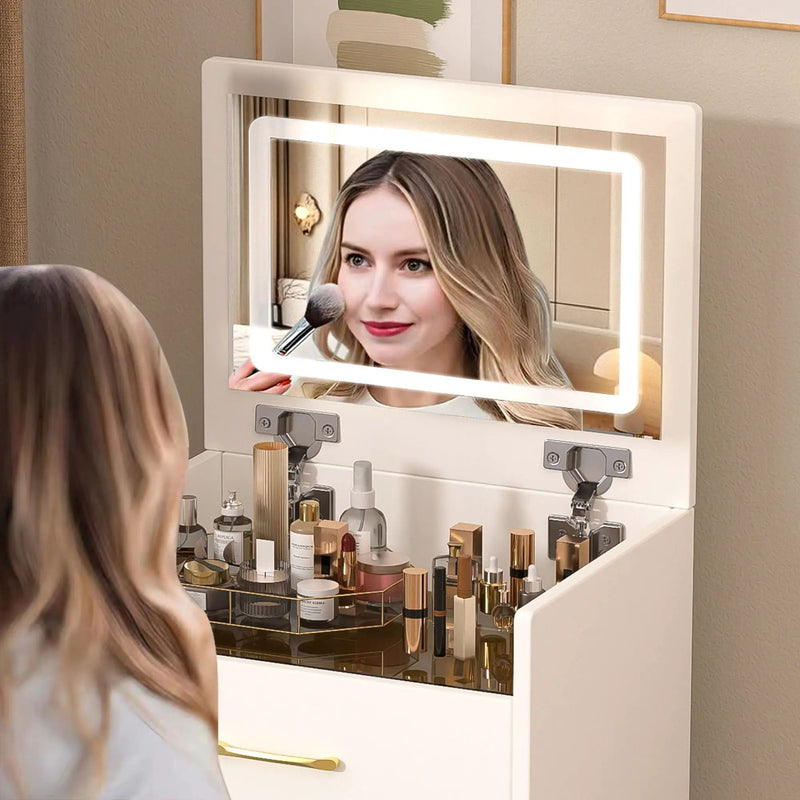 Compact 3 In 1 Vanity Desk With Open Top Mirror, Glass Desktop, 5 Height - White by Unique Piece Furniture