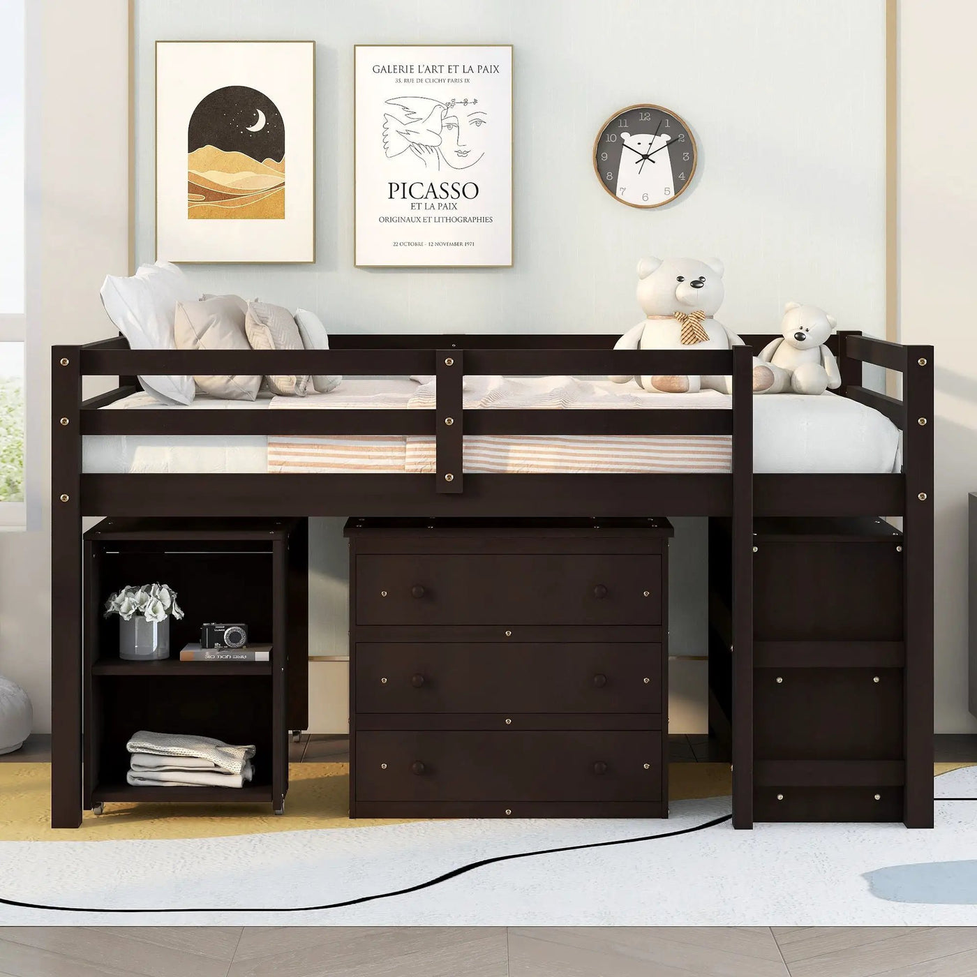 Loft Low Study Bed With Cabinet, Shelves And Rolling Portable Desk, Multiple Functions by Unique Piece Furniture