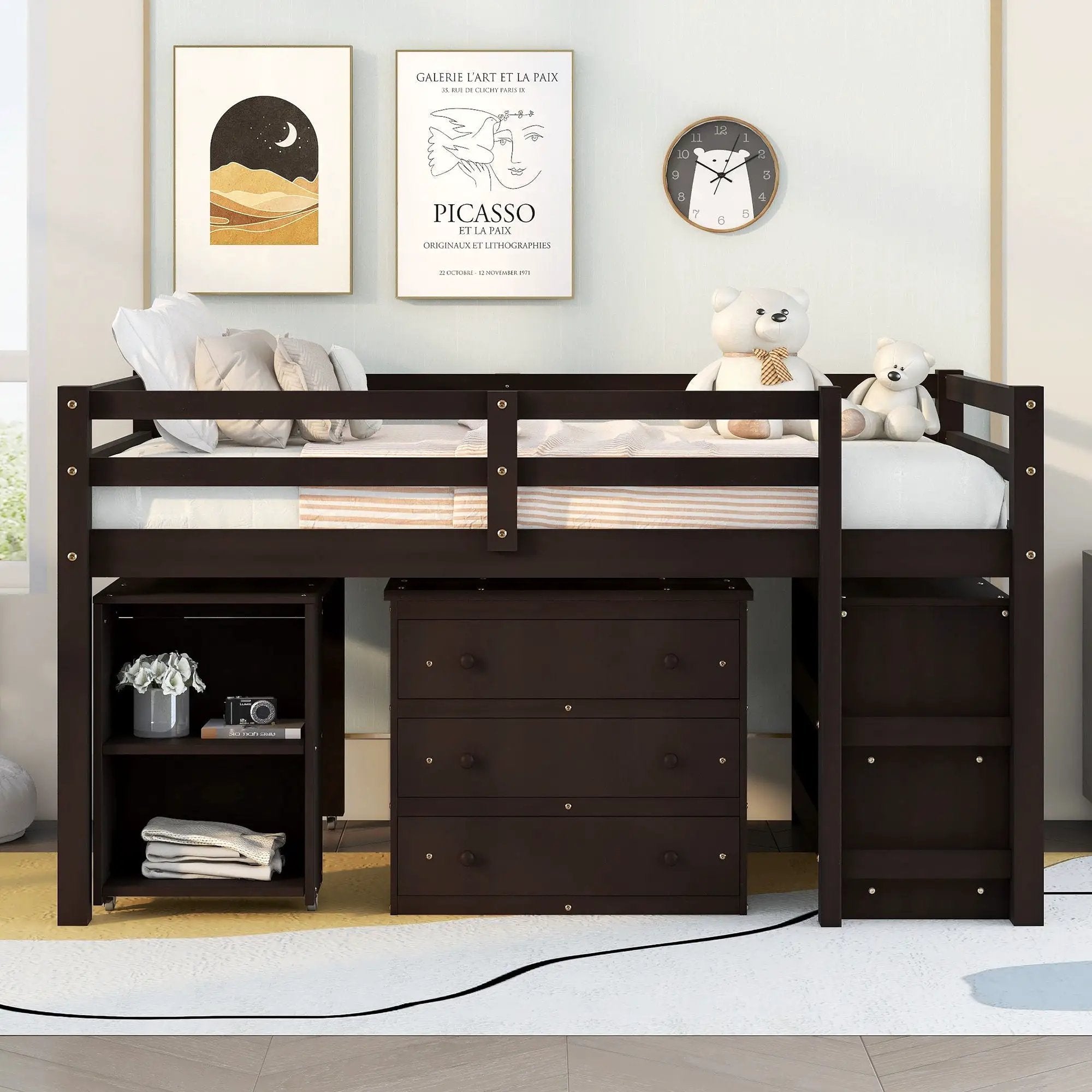 Loft Low Study Bed With Cabinet, Shelves And Rolling Portable Desk, Multiple Functions by HouseOfZazla