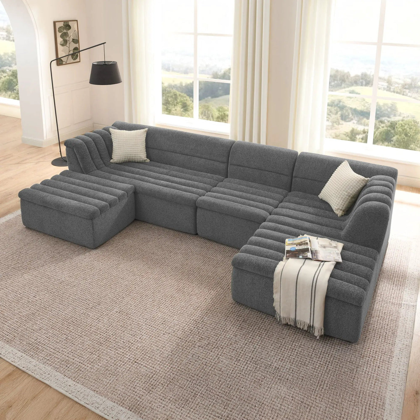 U-Shaped Modular Sectional Sofa With Chaise And Movable Ottoman With Wave-Shaped Armrest by Unique Piece Furniture