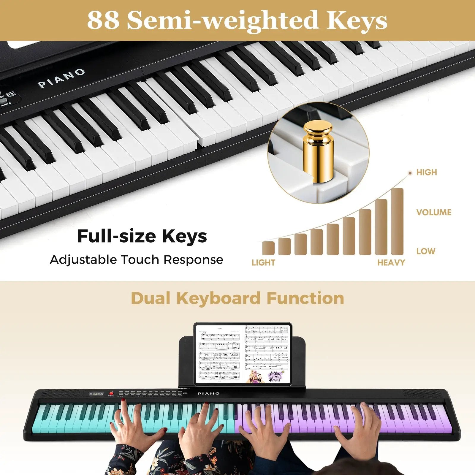 88 Key Foldable Piano Keyboard Portable Semi Weighted Electric Piano-Black by DirectDeals