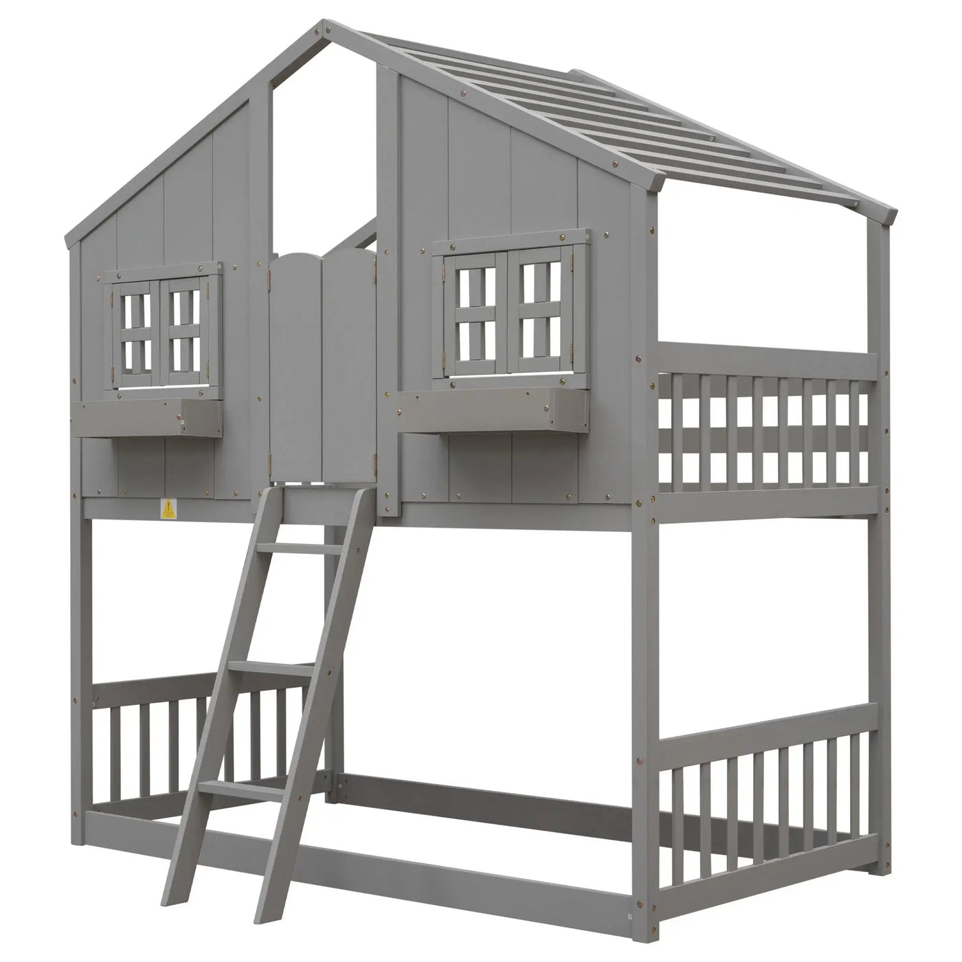 House Bunk Bed With Roof, Window, Window Box, Door, With Safety Guardrails And Ladder by Unique Piece Furniture