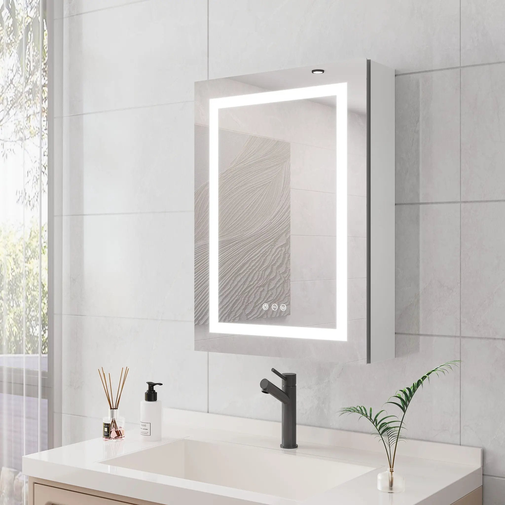 20 X 28" Bathroom Medicine Cabinet With Mirror Wall Mounted LED Bathroom Mirror Cabinet With Lights, Anti-Fog, Waterproof, Dimmable, 3000K~6000K, Single Door, Touch Swich, Storage Shelves - Silver by Unique Piece Furniture