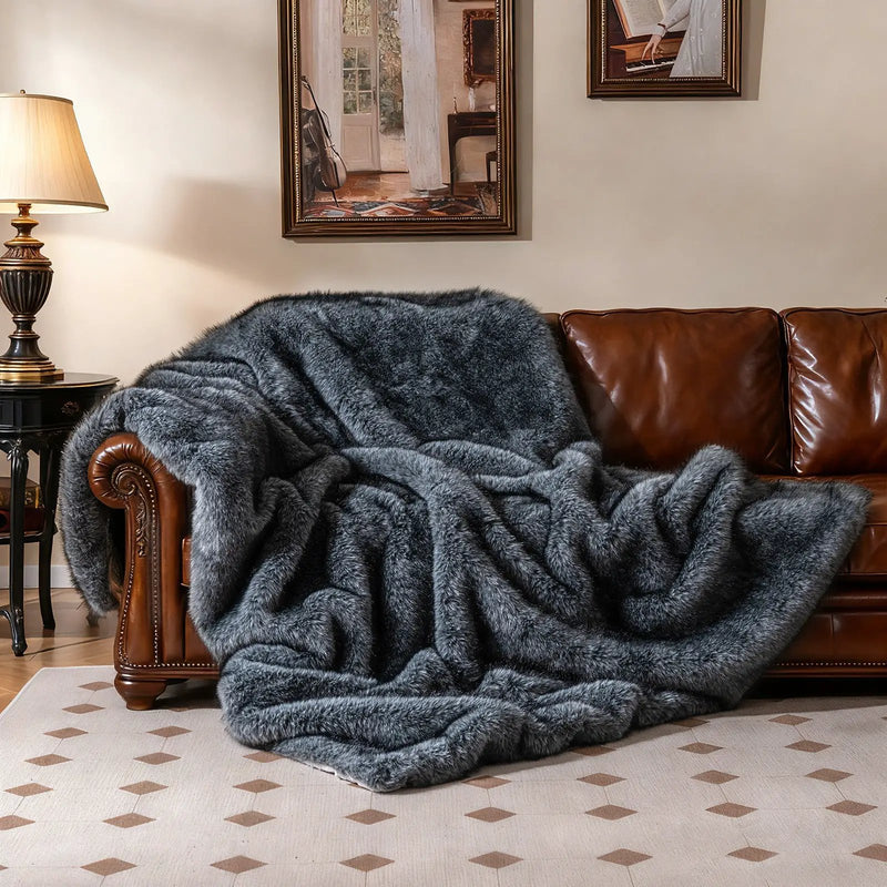 740GSM Soft Plush Fuzzy Luxury Faux Wolf Fur Blanket for Sofa-Gray by DirectDeals