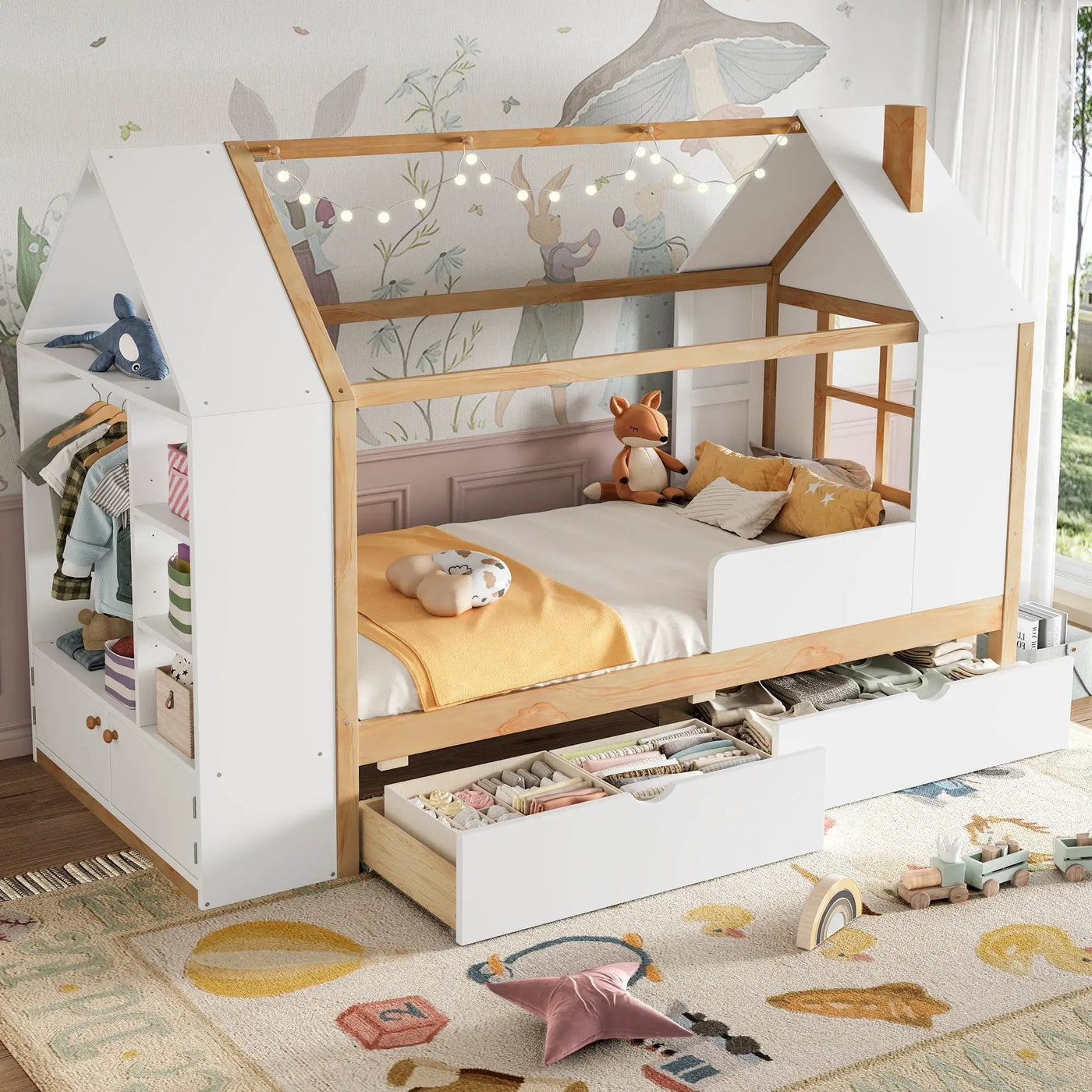 Twin Size House Platform Bed with Drawers, Solid Wood House Bed with Shelves by HouseOfZazla