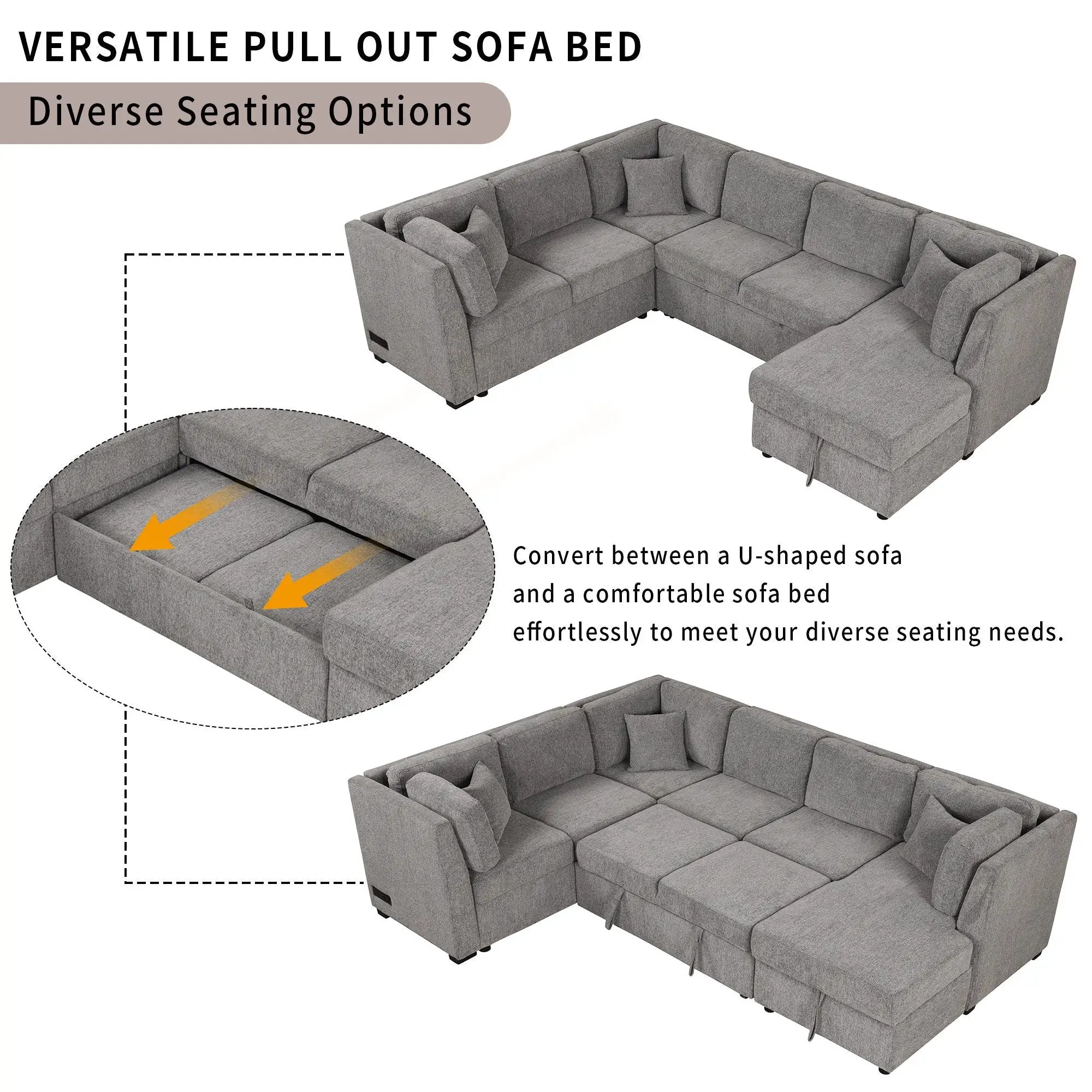 U-Shaped Sectional Sofa Pull Out Sofa Bed With Two USB Ports, Two Power Sockets, Three Back Pillows And A Storage Chaise For Living Room by Unique Piece Furniture