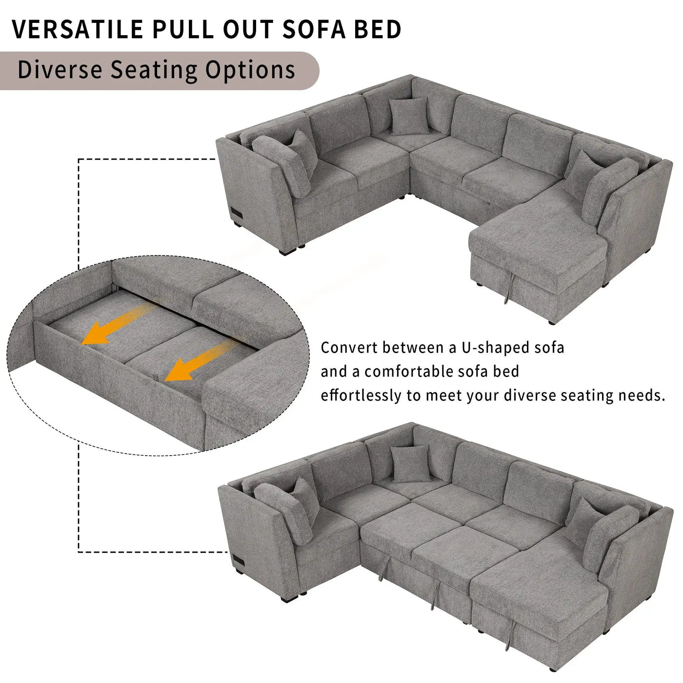 U-Shaped Sectional Sofa Pull Out Sofa Bed With Two USB Ports, Two Power Sockets, Three Back Pillows And A Storage Chaise For Living Room by HouseOfZazla