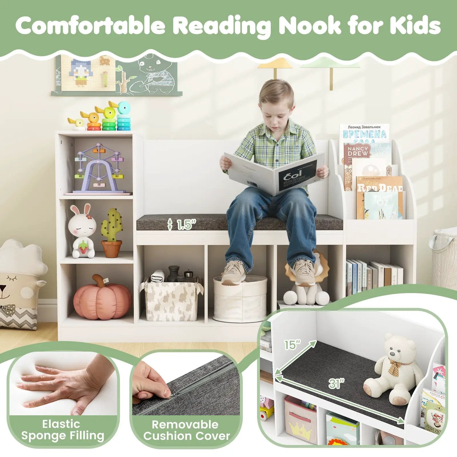 Kids Bookcase with Reading Nook 3-in-1 Standing Toy Organizer-White by DirectDeals