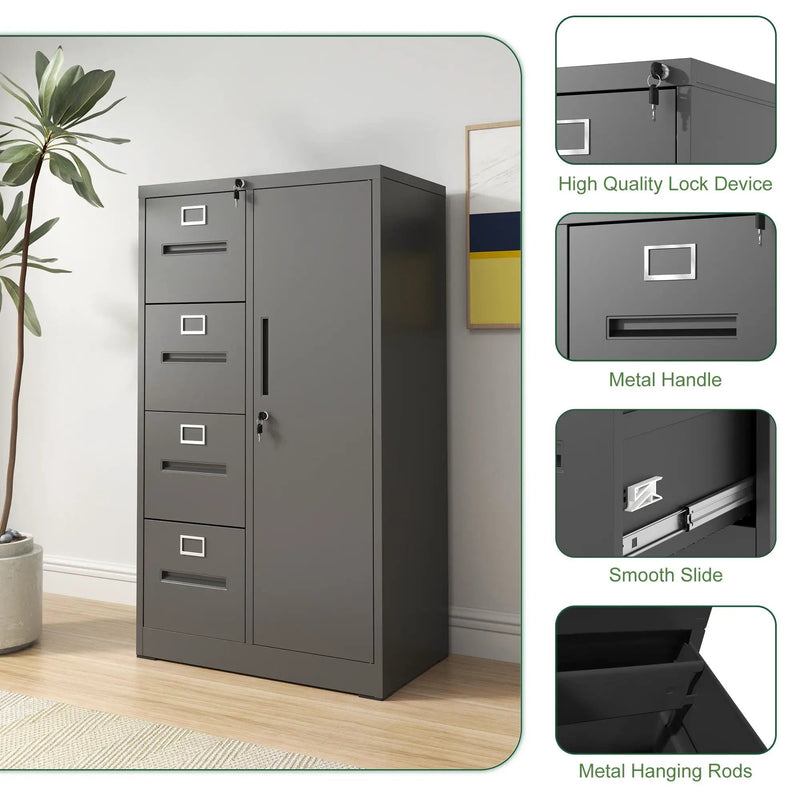 Metal Storage Vertical Filing Cabinet With Lock, 4 Drawers, 1 Door, Steel Construction, School / Office Use by Unique Piece Furniture