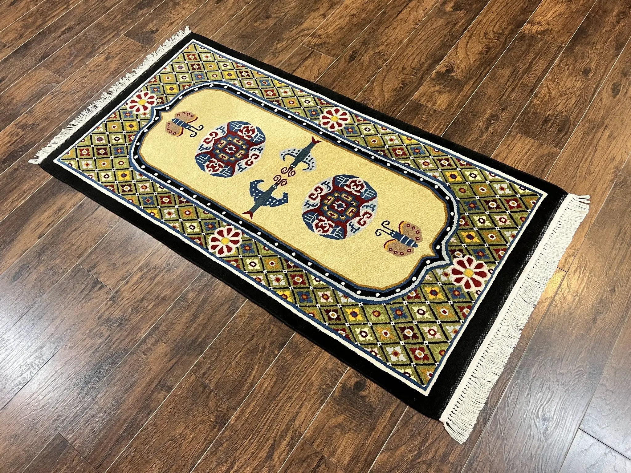 Chinese Rug 3x6 ft, Chinese Wool Rug, Tiensin Rug, Handmade Wool 3 x 6 Vintage Peking Rug, Art Deco Rug, Butterflies by Jewel Rugs