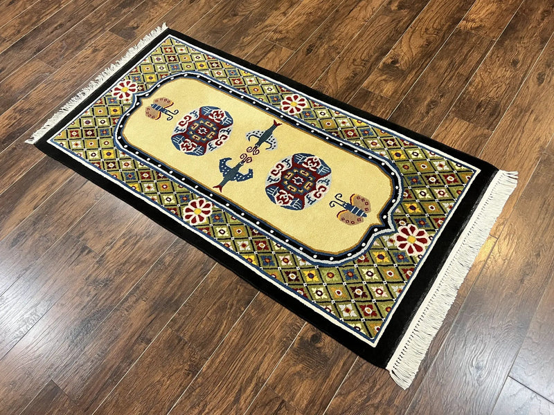 Chinese Rug 3x6 ft, Chinese Wool Rug, Tiensin Rug, Handmade Wool 3 x 6 Vintage Peking Rug, Art Deco Rug, Butterflies by Jewel Rugs