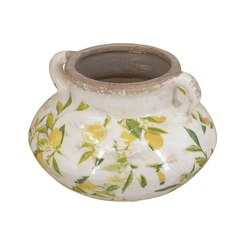 8.1x8.1x5.2" Ceramic Planter with Yellow Lemon and Green Leaf Motif by HouseOfZazla