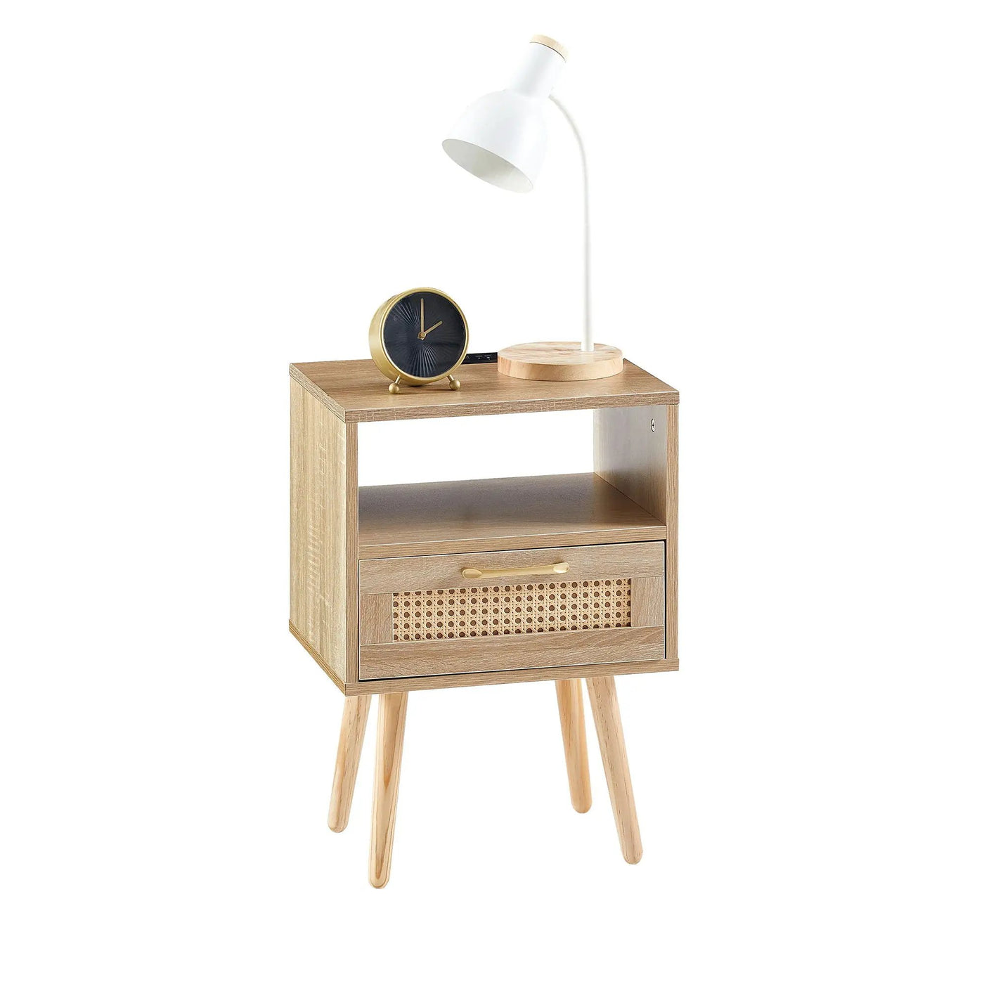 15.75" Rattan End Table With Power Outlet & USB Ports, Modern Nightstand With Drawer And Solid Wood Legs, Side Table For Living Room, Bedroom by Unique Piece Furniture