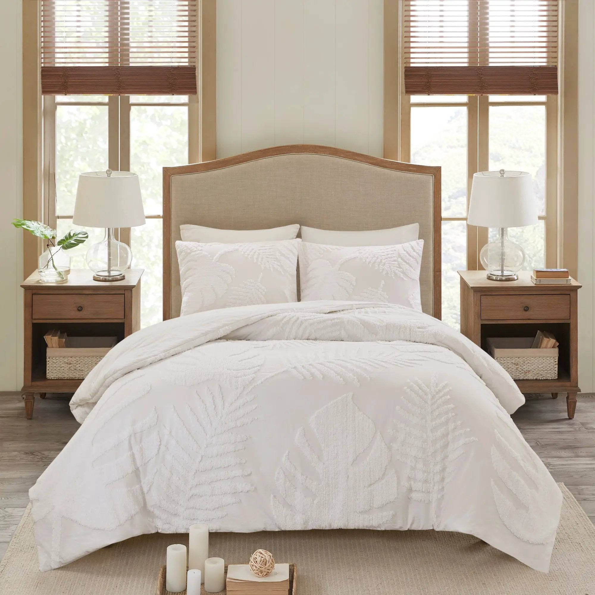 3 Piece Tufted Cotton Chenille Palm Comforter Set Off-White Full/Queen by HouseOfZazla