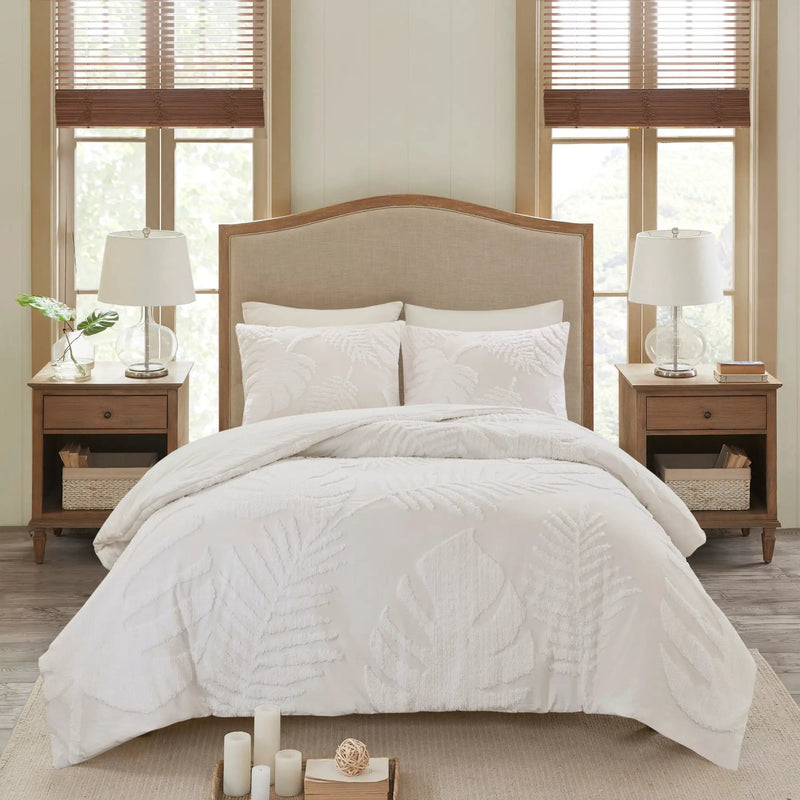 3 Piece Tufted Cotton Chenille Palm Comforter Set Off-White Full/Queen by HouseOfZazla