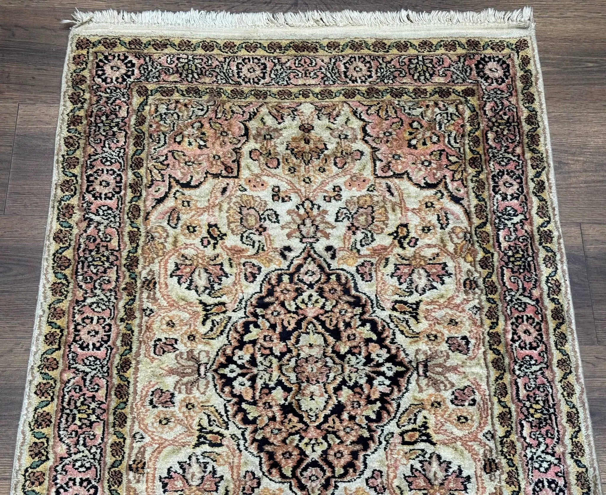 Silk Indian Kashmiri Runner Rug 2.7 x 9.8, Floral Medallions by Jewel Rugs