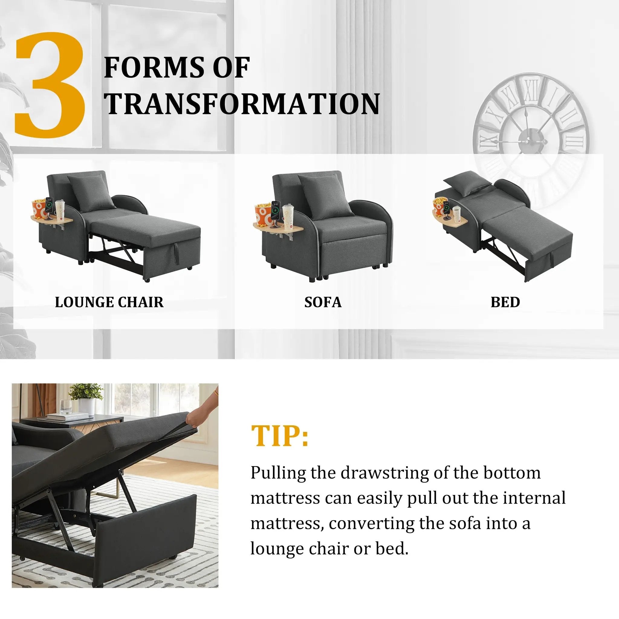 Sleeper Sofa Chair Bed, 3-In-1 Convertible with Adjustable Backrest & Foldable Table by HouseOfZazla