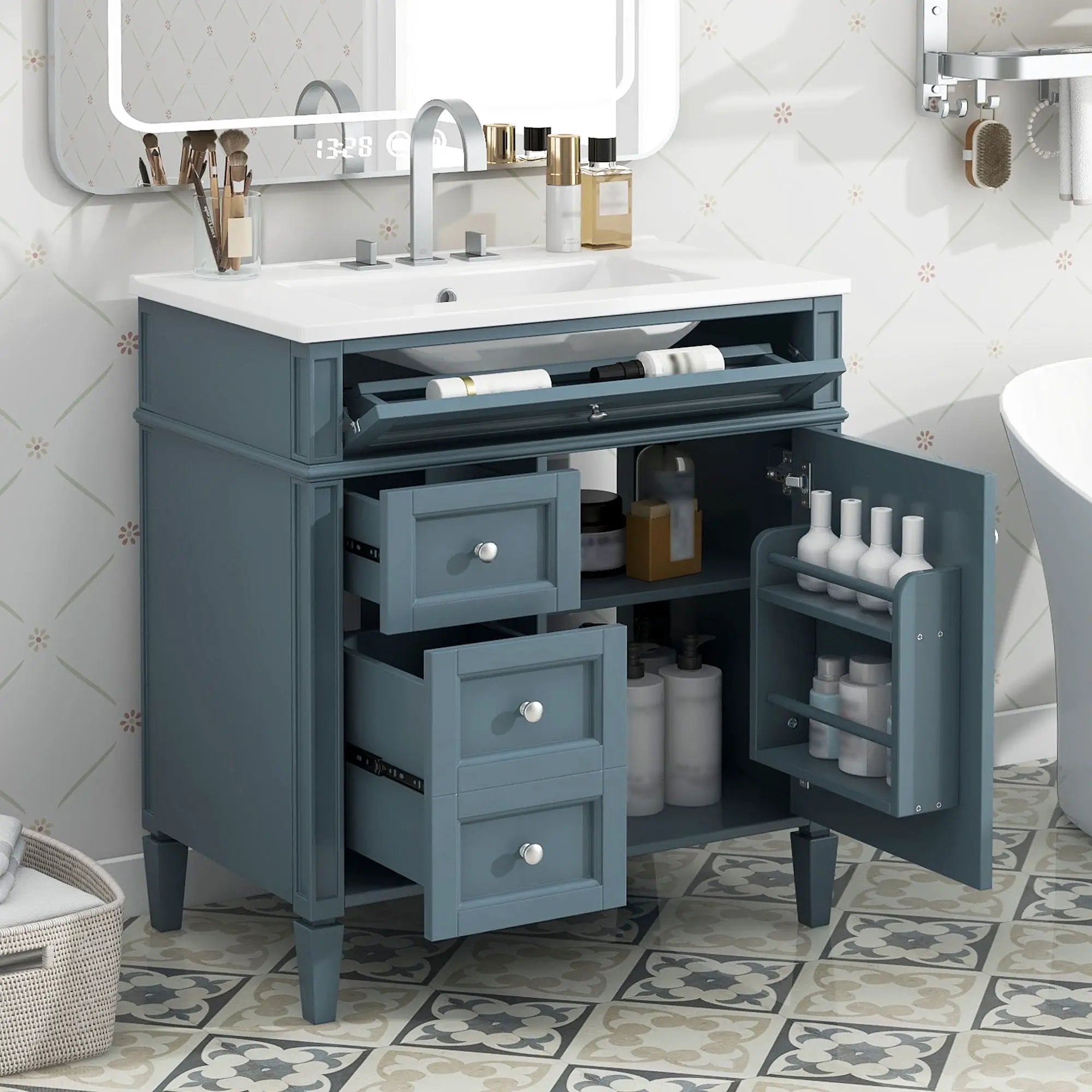 Bathroom Vanity With Top Sink, Storage Cabinet With 2 Drawers And Tip Out Drawer, Rectangular Design - Blue by Unique Piece Furniture